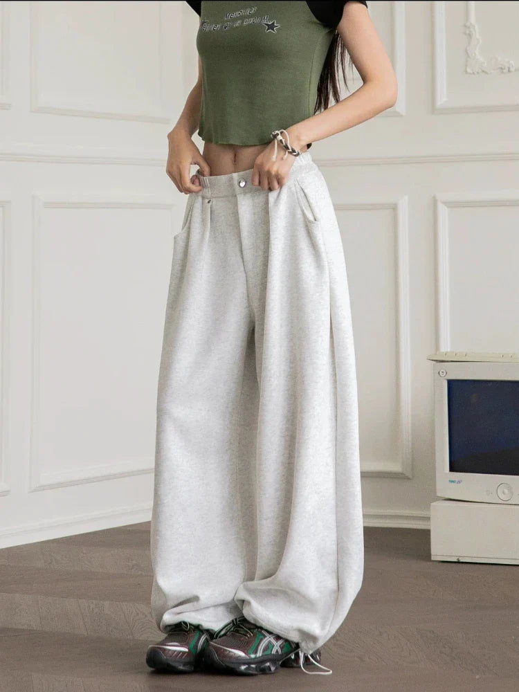 HOUZHOU Vintage Baggy Sweatpants for Women – Y2K Korean Wide-Leg Pants, Zipper Fly, Casual Streetwear, Autumn 2024 Loose Fit