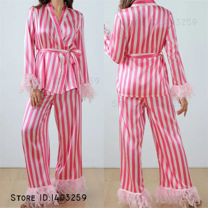 Women’s Pink Striped Pajamas Set – Satin Long Sleeve Loungewear & Loose Casual Home Wear