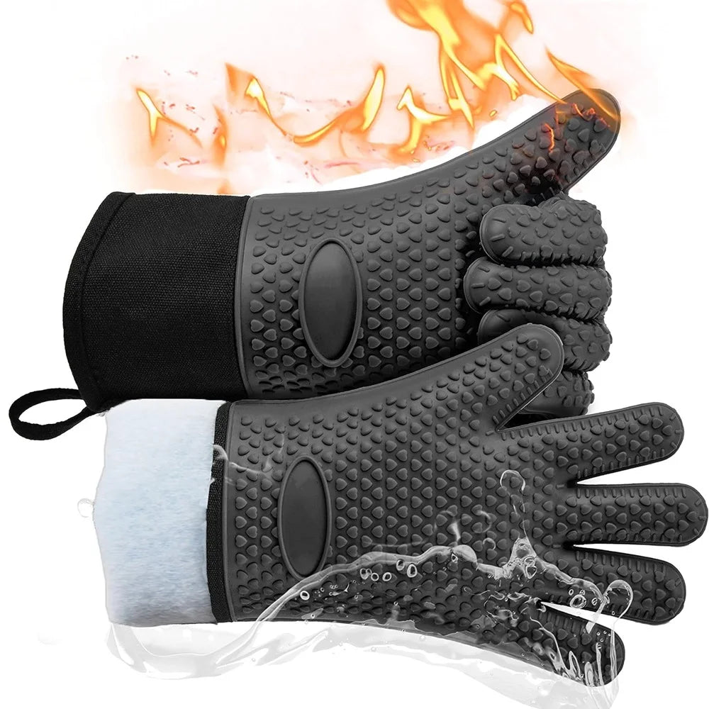 Heat-Resistant Silicone Gloves – Non-Slip Oven Mitts for Kitchen, BBQ, Baking & Cooking with Canvas Stitching