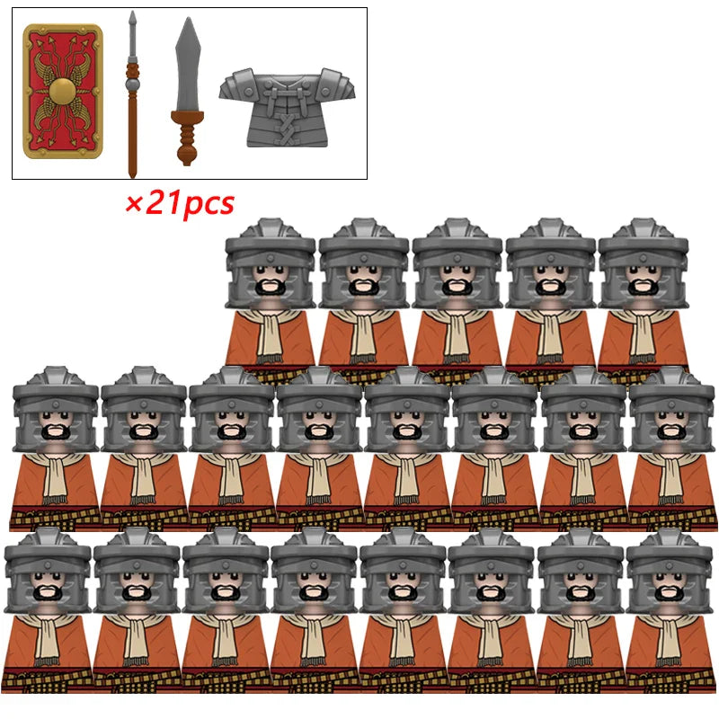 21PCS MOC Medieval Knights & Roman Legion Soldiers Building Blocks Set Warrior Figures with Weapons Helmet Bricks Toy Collection