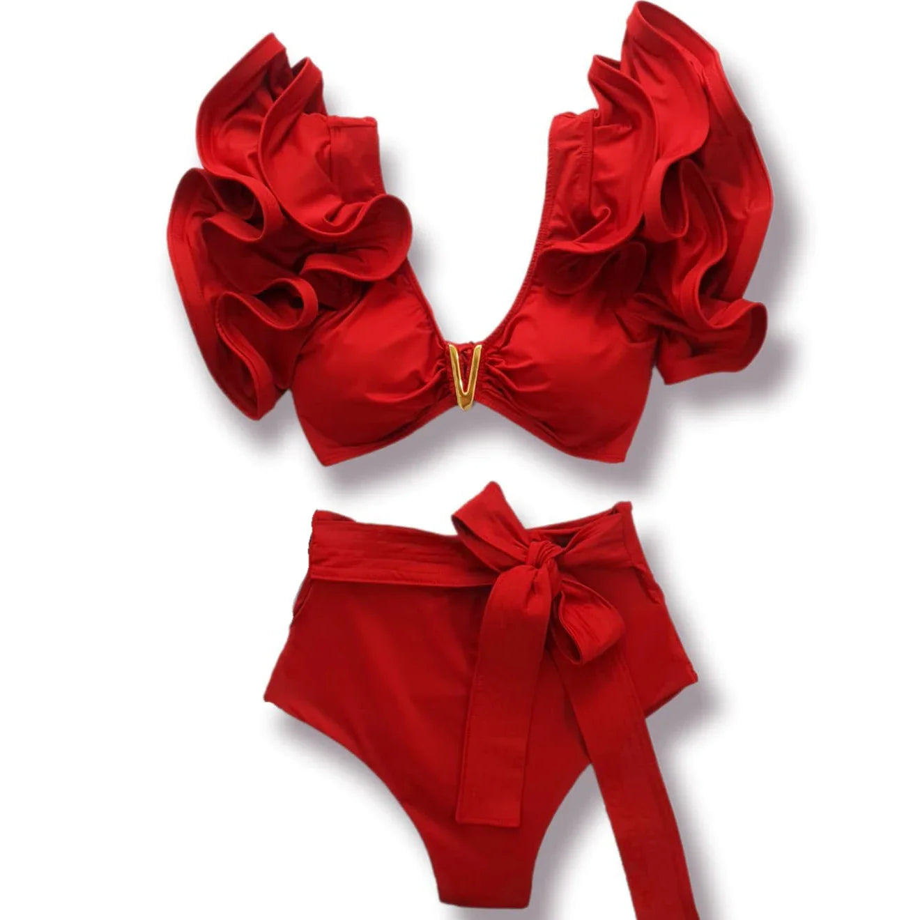 Sporlike V-Neck Ruffled Bikini Set – High Waist Sexy Printed Two-Piece Swimsuit for Women 2025