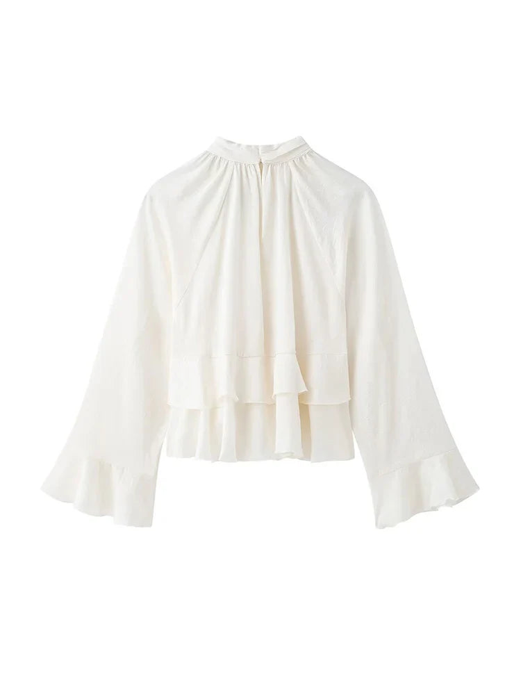 Women’s Long Sleeve Ruffled Blouse – Stand Collar Elegant Chic Fashion Shirt