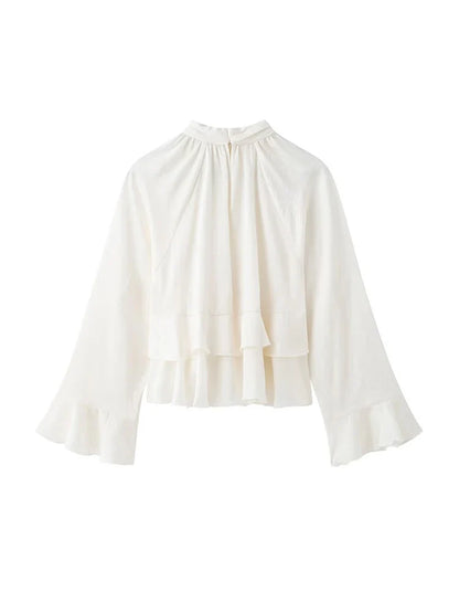 Women’s Long Sleeve Ruffled Blouse – Stand Collar Elegant Chic Fashion Shirt