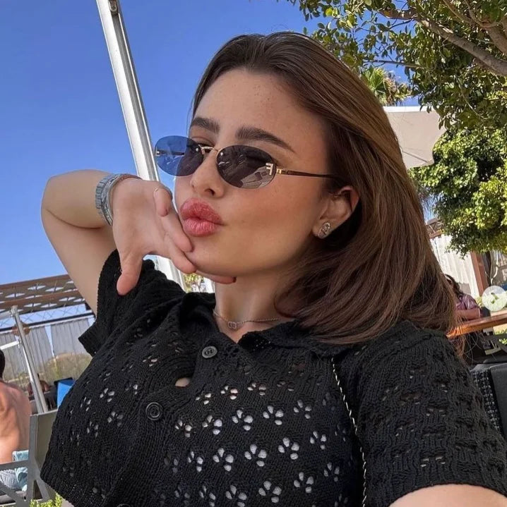 Diamond Letter "F" Rimless Sunglasses | Women’s Luxury Metal Frame Black Oval UV400 Shades