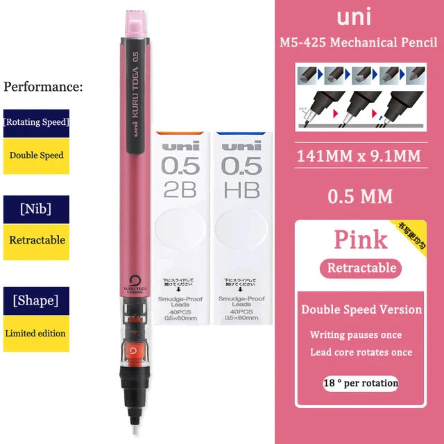 UNI KURU TOGA M5-452 Mechanical Pencil 0.5mm – Rotating Lead Automatic Pencil for Continuous Writing & Sketching