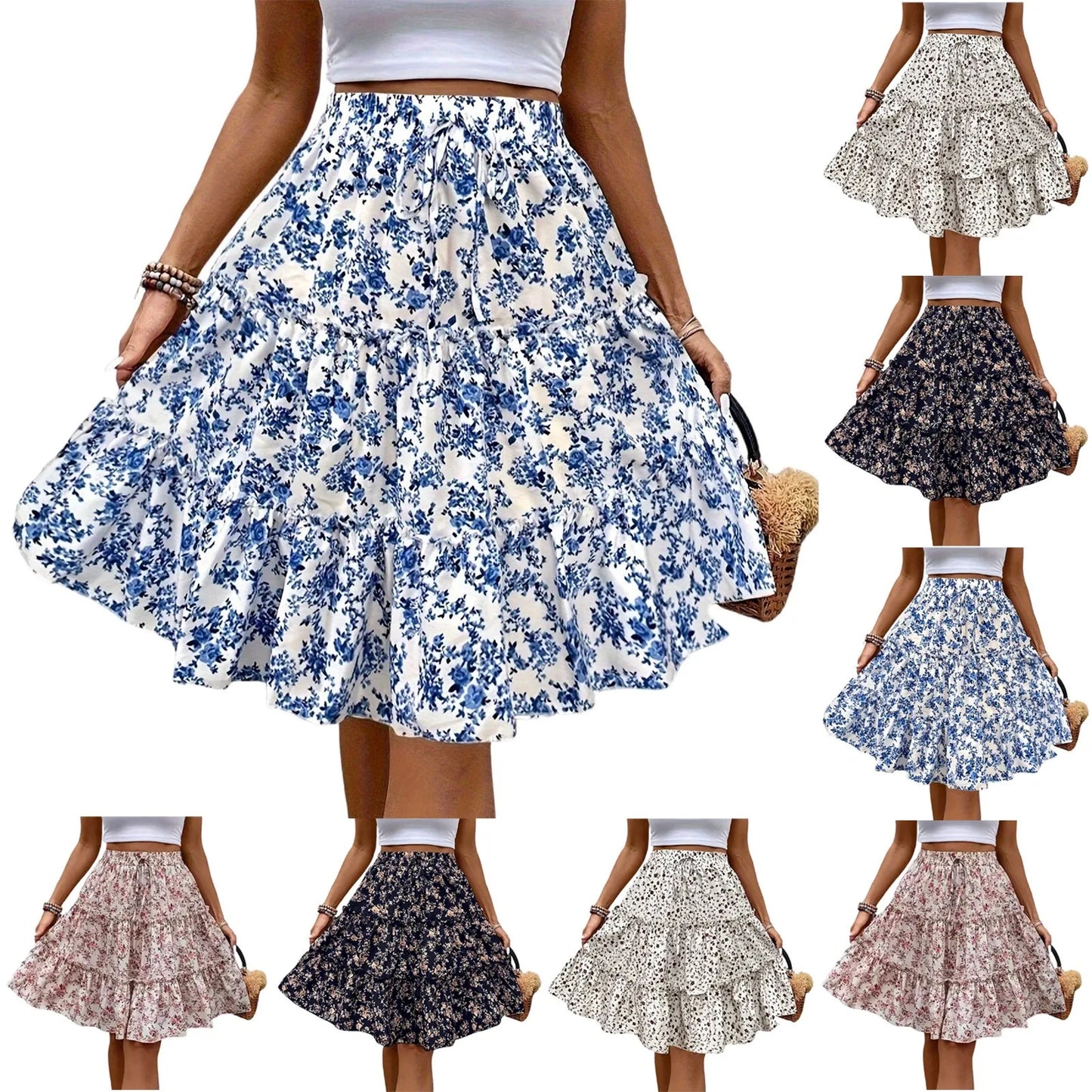 Women’s Floral Spliced Cake Skirt – Knee-Length Casual Skirt with Elastic Waist Strap, Comfortable Versatile Fashionable Design