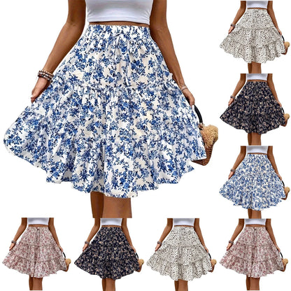 Women’s Floral Spliced Cake Skirt – Knee-Length Casual Skirt with Elastic Waist Strap, Comfortable Versatile Fashionable Design