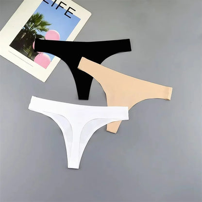 3PCS Ice Silk Seamless Thong Set for Women – Solid Low Rise Sexy G-String Sports Underwear, S-XL Sizes
