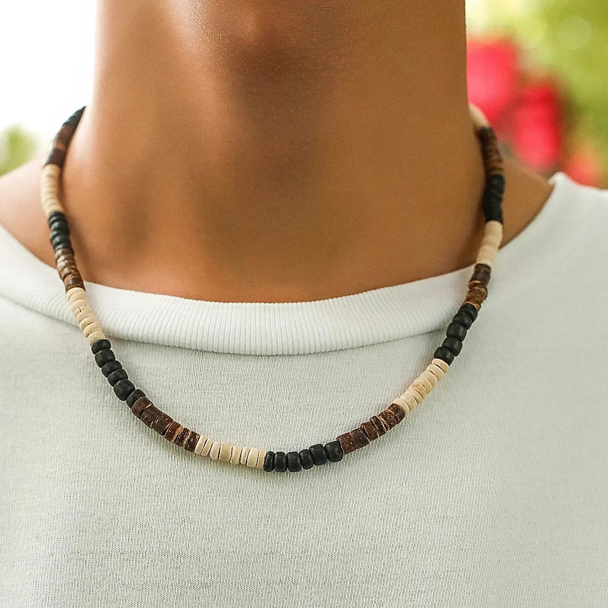 Men’s Summer Beach Wooden Bead Necklace – Handmade Tribal Surfer Jewelry with Geometric Steampunk Design