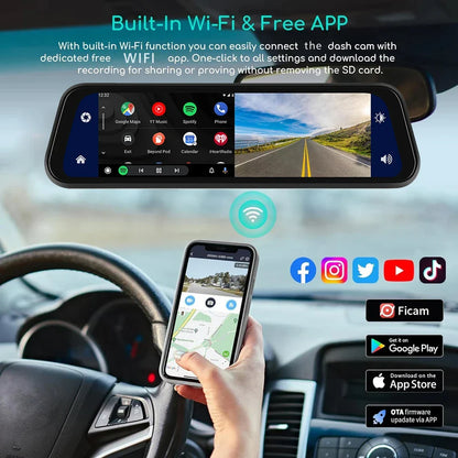 10" 4K Dash Cam Car DVR – 3840x2160P, CarPlay, Android Auto, GPS, 5G WiFi, AUX, Rearview Mirror Dash Camera, FM Recorder