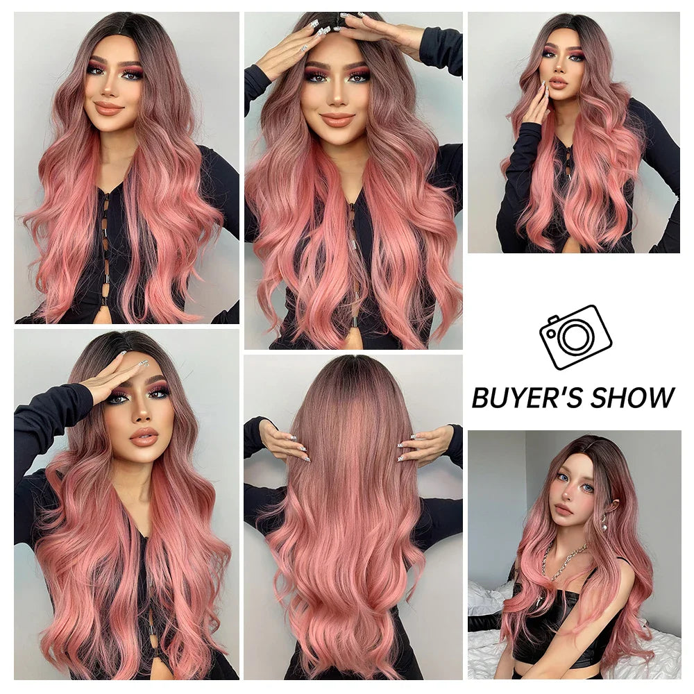 Long Pink Wavy Wig for Women — Middle Part Synthetic Hair, Heat-Resistant, Natural-Looking Cosplay Wig