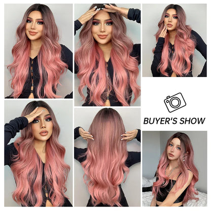 Long Pink Wavy Wig for Women — Middle Part Synthetic Hair, Heat-Resistant, Natural-Looking Cosplay Wig