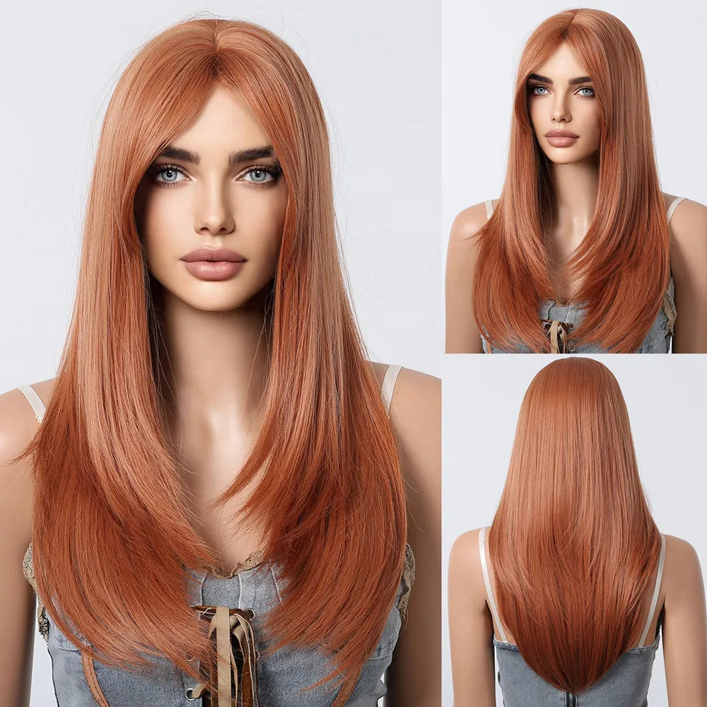 ALAN EATON Blonde Layered Synthetic Wig with Bangs – Long Straight Heat-Resistant Wig for Women & Girls, Natural Daily Hair