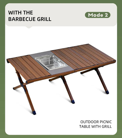 Hispeed Outdoor Camping Folding IGT Table – Multifunctional Wood Table with Gas Stove for BBQ, Picnic & Camp Grill
