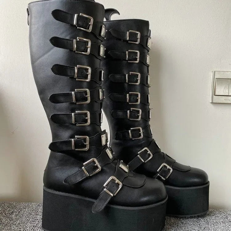 Women’s Gothic Boots – Cosplay High Heel Platform Wedges, Buckle Strap Long Tube Leather Boots, Plus Size Options
