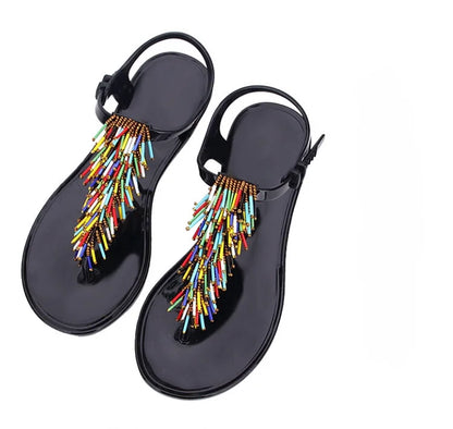 Women's Black Crystal PVC Flip-Flop Sandals – Low Heel Summer 2024 Luxury Footwear