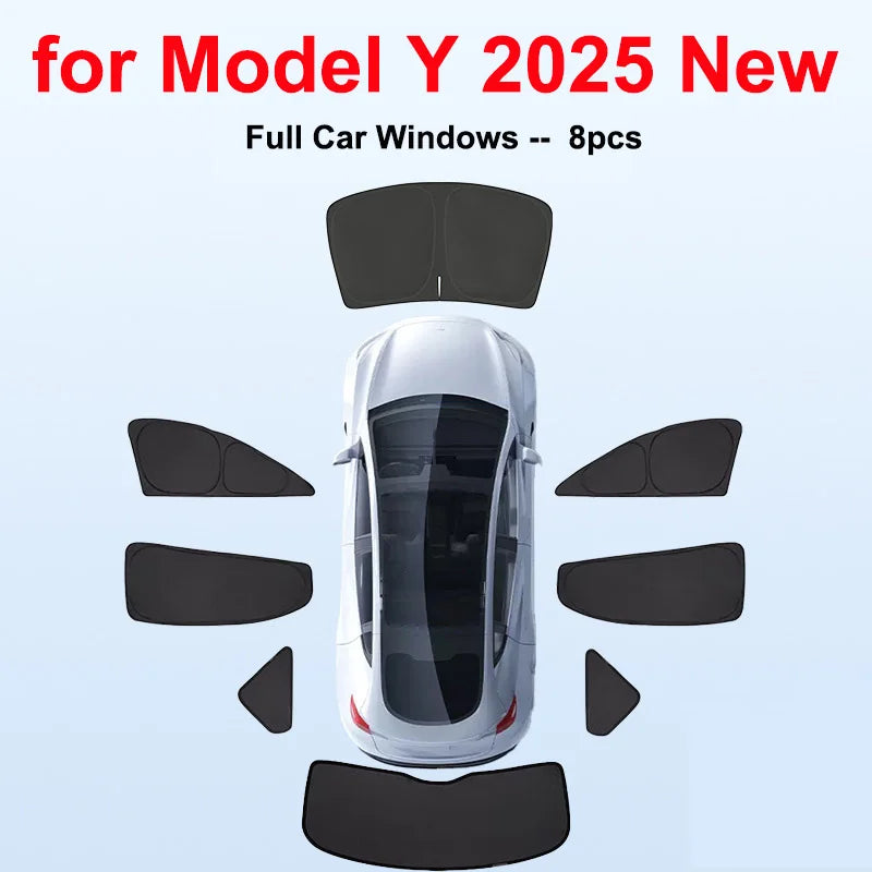Tesla Model Y Juniper 2025–2026 Sunshade Set – Front, Rear & Side Window Sun Shades, Windshield UV Protection, Outdoor Camping Car Accessories