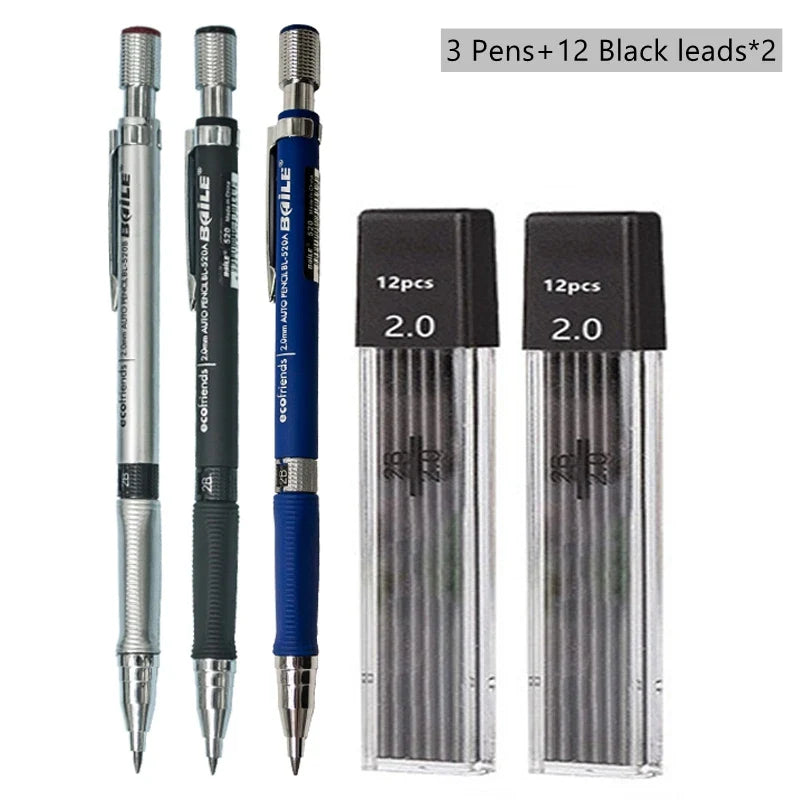 2.0mm Mechanical Pencil Set with 2B Black & Color Lead Refills – Automatic Pencil for Sketching, Drawing & Writing