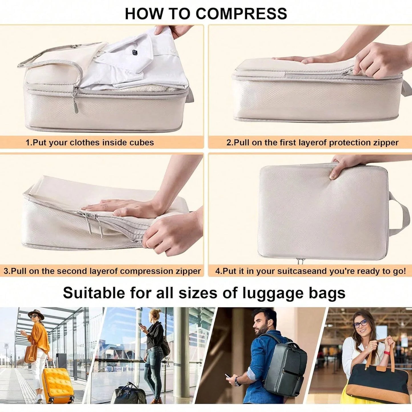 6-Piece Compressible Waterproof Nylon Packing Cubes Set – Portable Travel Storage Bags with Handbag Luggage Organizer
