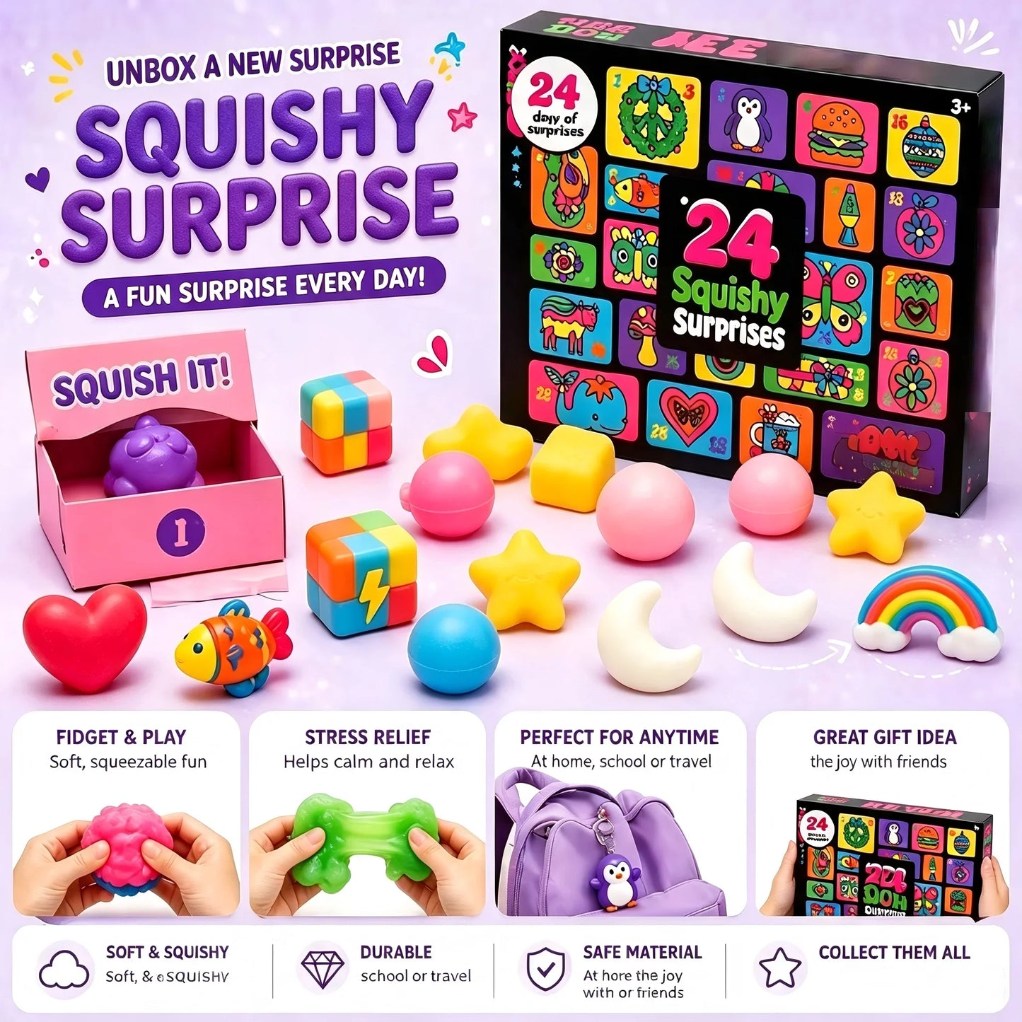 24PCS Squishy Fidget Advent Calendar - Cute Slow-Rebound Anxiety Relief Mystery Gift Box