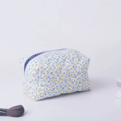 Floral Puffy Quilted Makeup Bag — Large Travel Cosmetic Organizer Pouch with Flower Print for Makeup Accessories