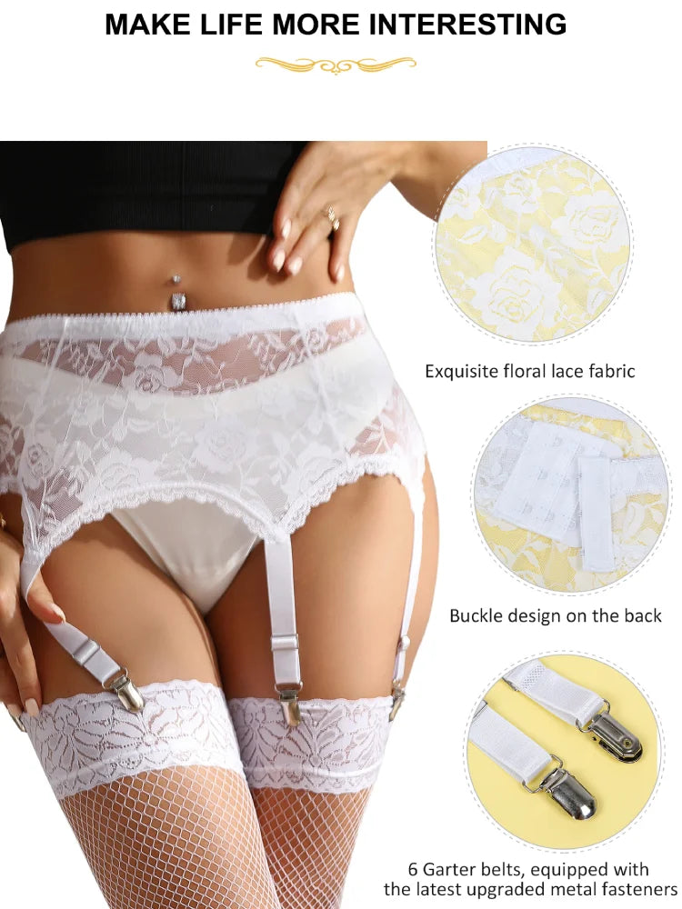 Women’s Lace Sheer Suspender Set – High Waist Garter Belt Mesh Underwear with Elastic Thigh Straps, Plus Size Fashion Lingerie Set