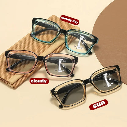 Photochromic Multifocal Reading Glasses – Ultralight Progressive Square Frame Anti-UV Presbyopia Eyewear for Men & Women