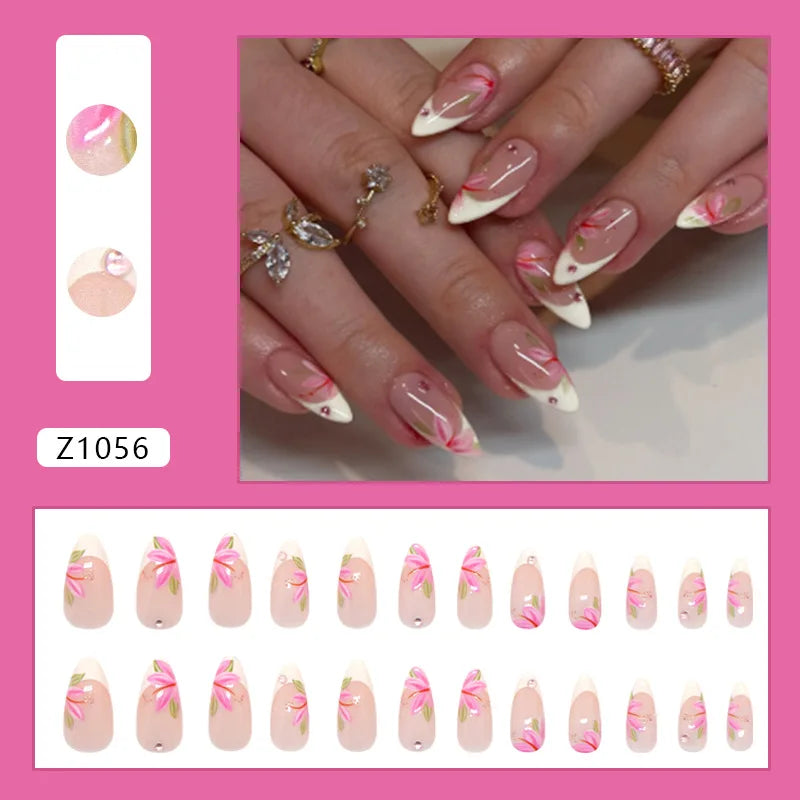24pcs Goldfish Pattern Almond Press-On Nails – Simple Nude Pink Wearable Detachable False Nail Manicure Set