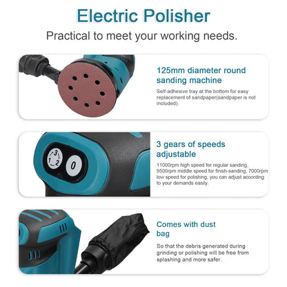 125mm 90W Brushless Cordless Orbital Sander - Electric Polisher for Wood, Metal Grinding & Polishing