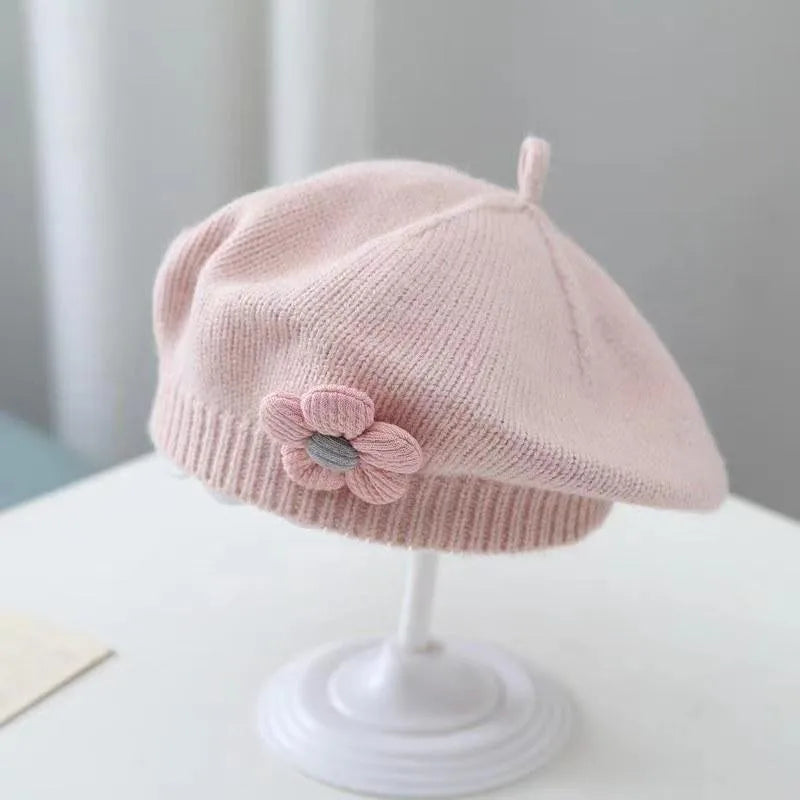 Flower Baby Beret Hat - Warm Knitted Winter Beanie Cap for Infant Girls & Toddlers