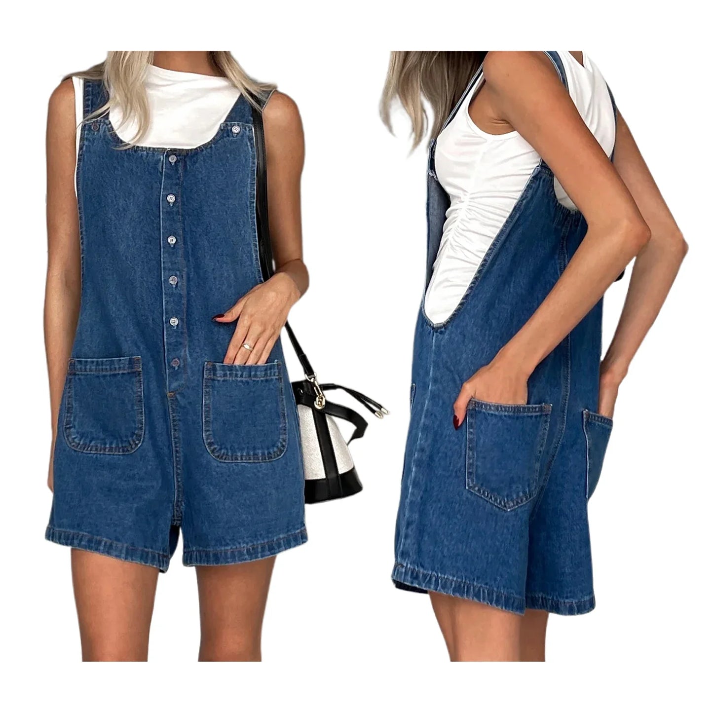 Women's Denim Bib Overall Shorts - Button Front Wide Leg Jean Jumpsuit with Pockets