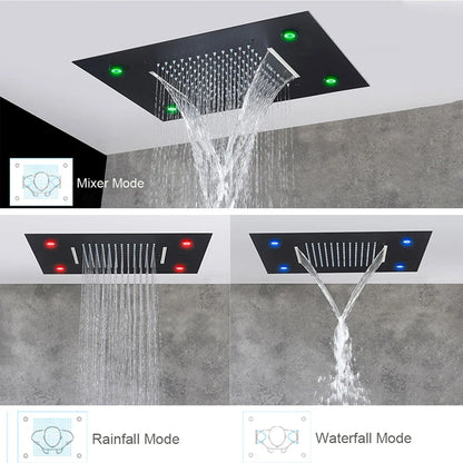 Black Ceiling Mounted LED Rainfall Shower Head – Intelligent Remote Control Concealed Waterfall Tap