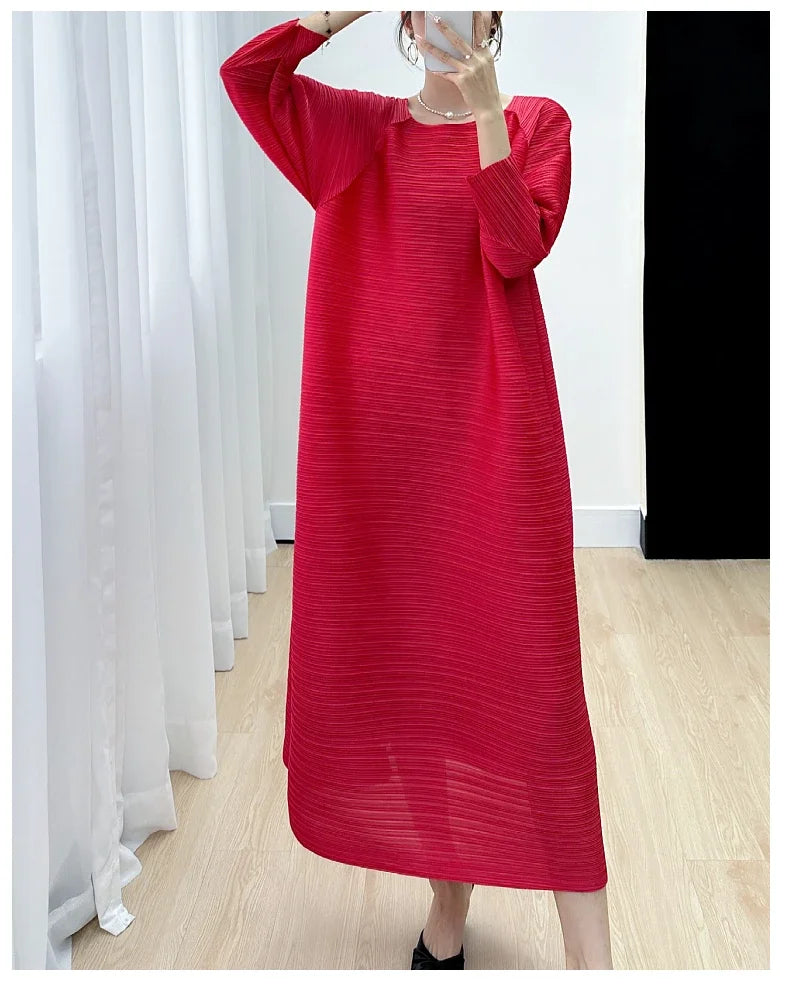2023 Women's Miyake Pleated Long Dress – Full Sleeve, Round Neck, Korean Fashion, Plus Size Summer Style
