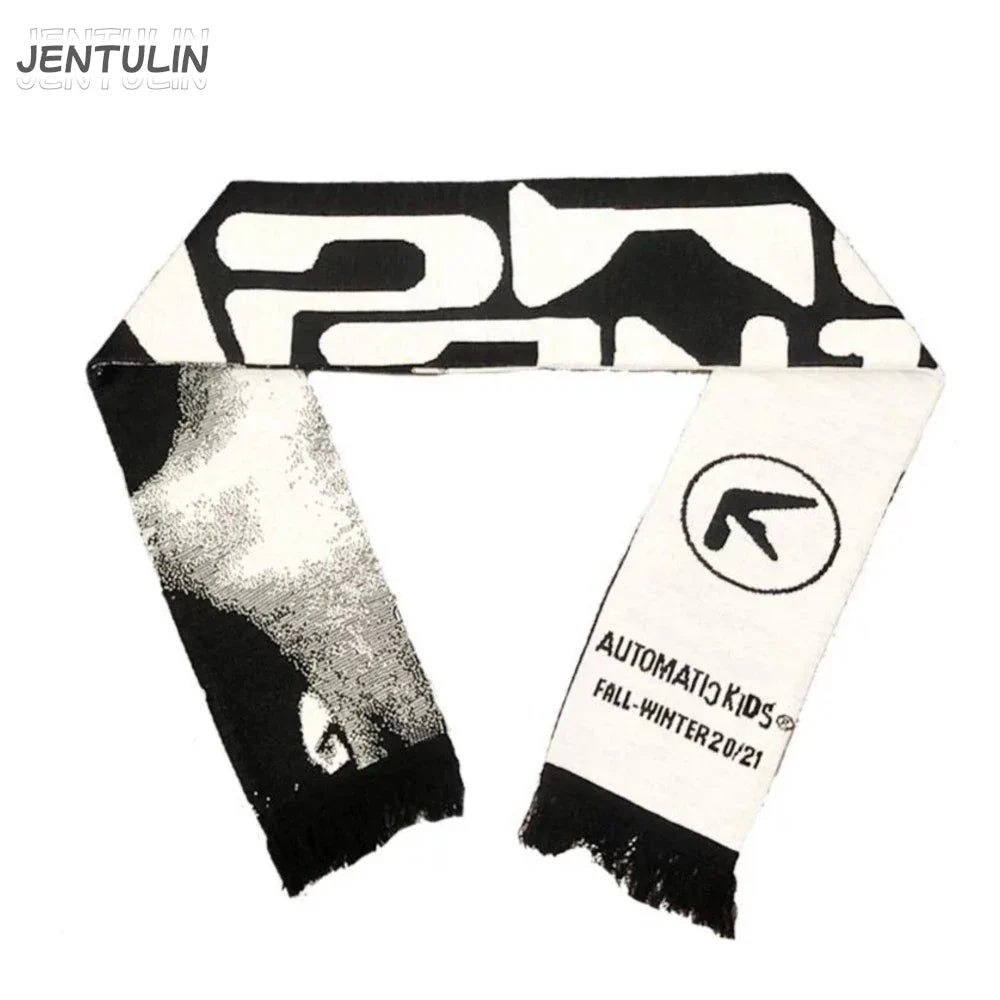 Men’s Y2K Black Knitted Scarf — Aphex Twin Goth Harajuku Streetwear Winter Shawl Unisex