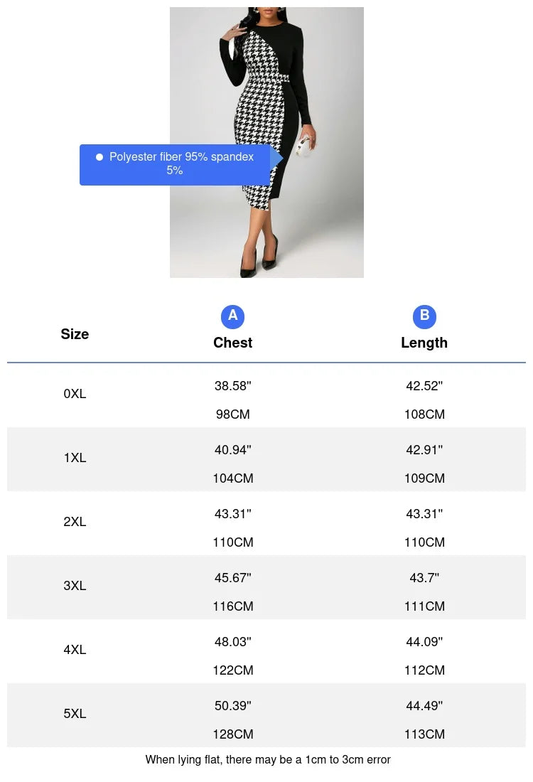 Plus Size Women’s Elegant Houndstooth Contrast Print Dress – Long Sleeve OL Commuter Bodycon Elastic Office Wear Dress