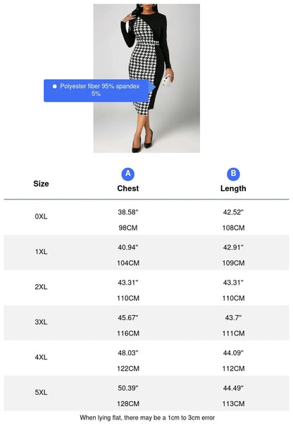 Plus Size Women’s Elegant Houndstooth Contrast Print Dress – Long Sleeve OL Commuter Bodycon Elastic Office Wear Dress
