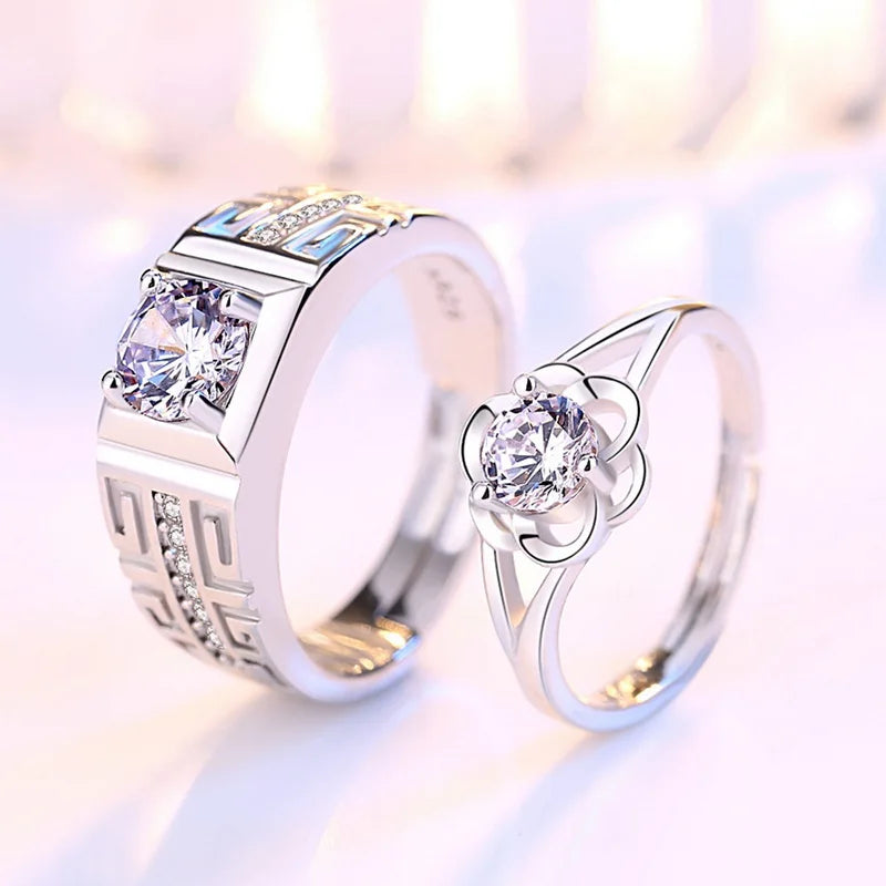 Luxury Zircon Couple Rings - Shiny Crown, Flower & Heart Design for Women & Men, Promise & Anniversary Wedding Jewelry