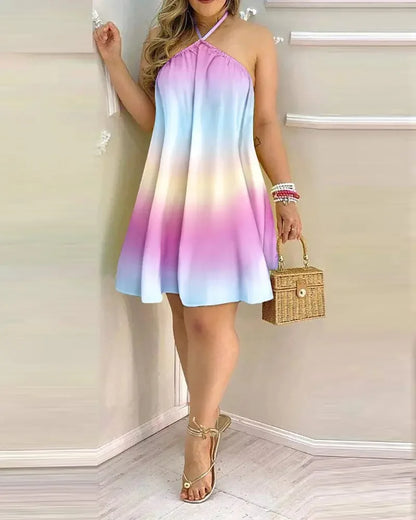 Women’s Tropical Print Halter Neck Backless Dress – Spring Summer Vacation Beach Party Sundress