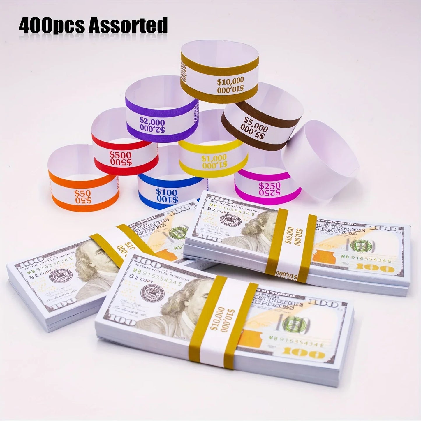 400pcs Assorted Money Bands – Self-Sealing Bill Straps for Cash Binding, Currency Organization & Fake Clinton Band