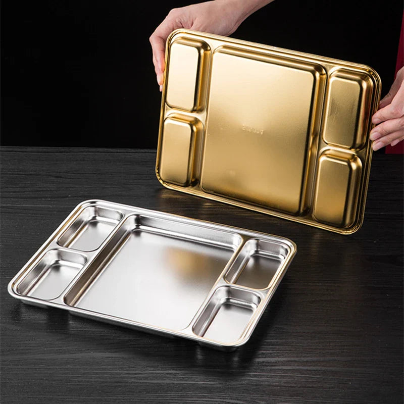 Gold Stainless Steel Divided Dining Plate – Compartment Food Serving Tray Kitchen Tableware