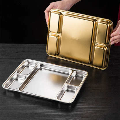 Gold Stainless Steel Divided Dining Plate – Compartment Food Serving Tray Kitchen Tableware