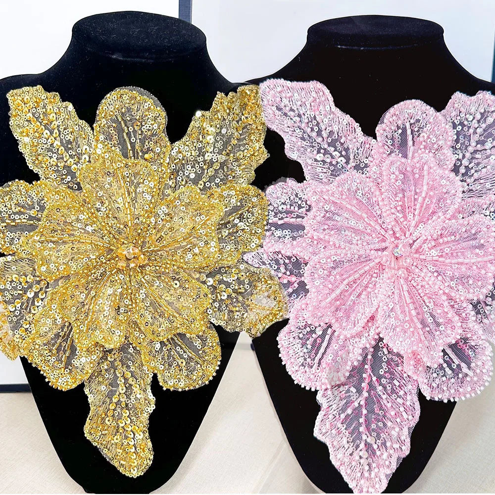 Sequin Beaded 3D Floral Lace Patches - Multi-Layered Applique for Clothing, Fabric Sewing Material, DIY Handmade for Shiny Evening Dresses