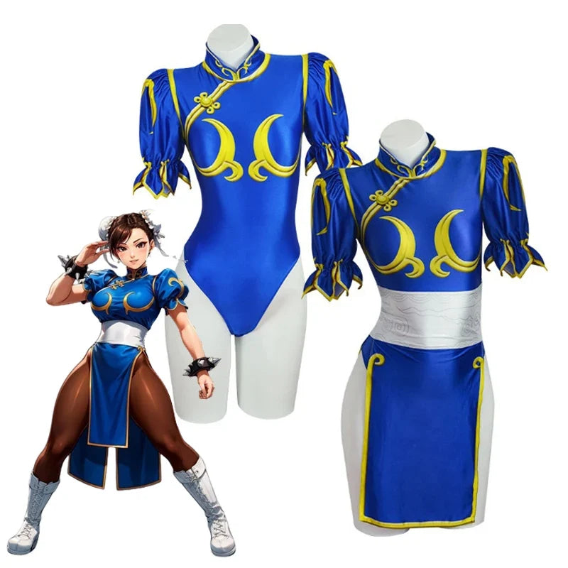 Chun-Li Cosplay Costume - Women’s Blue Cheongsam Dress with Headdress & Waistband for Halloween
