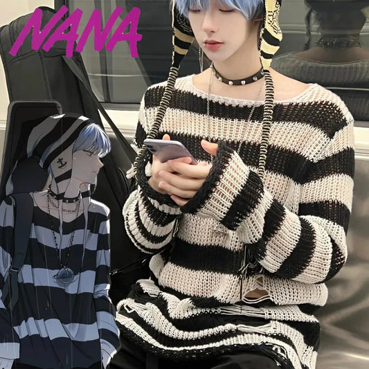Anime NANA Okazaki Shinichi Cosplay Costume – Unisex Stripe Knitted Ripped Sweater for Autumn & Halloween