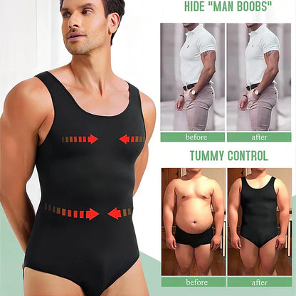 Men’s Shapewear Bodysuit – Sleeveless Tummy Control Abdomen Compression Slimming Open-Crotch Full Body Shaper Undershirt