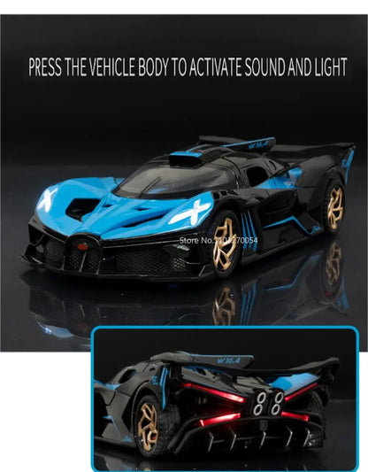 1/32 Bugatti Bolide Alloy Sports Car Model — Diecast Metal Vehicle with Sound & Light, Pull-Back Toy for Boys