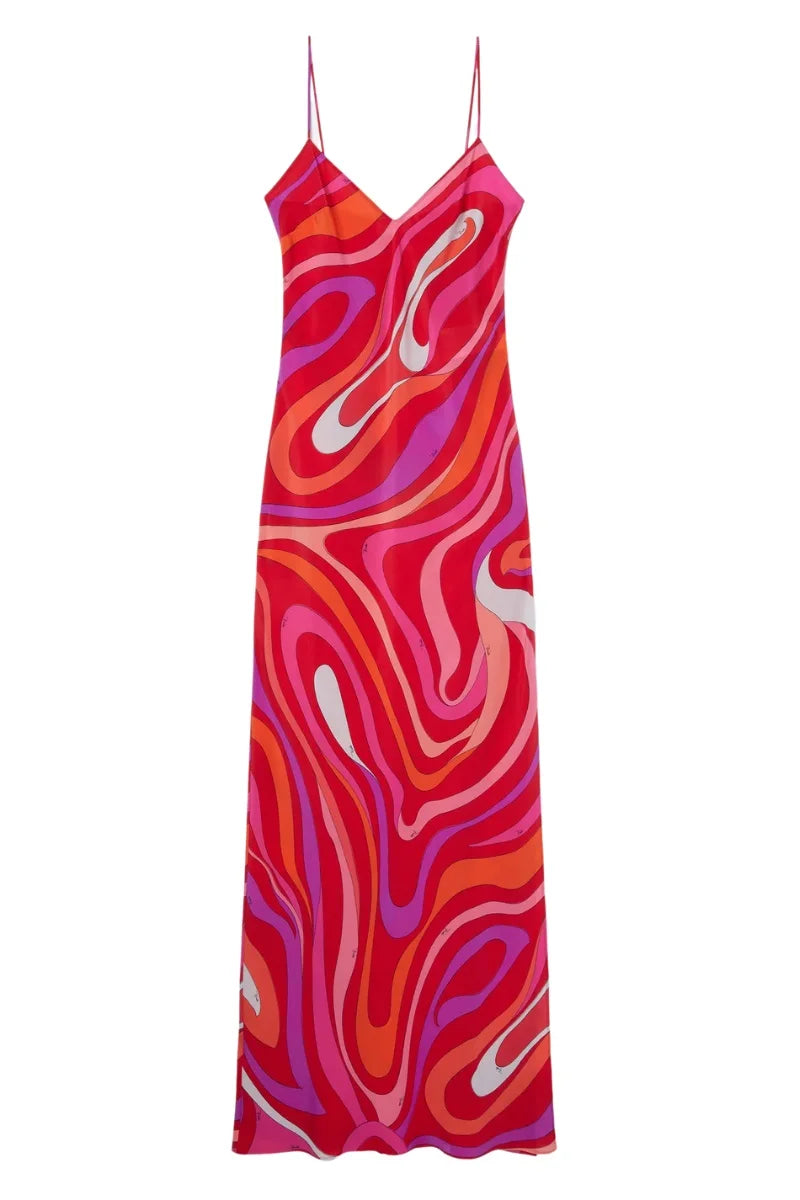 Women’s Striped Rainbow Spaghetti Strap Dress – Sleeveless Backless V-Neck Split Beach Dress, 2025 Summer Party Chic Robe