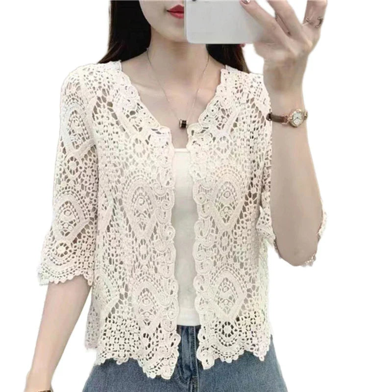 Women’s Knitted Lace Shrug – Boho Hollow Crochet Floral 3/4 Sleeves, Open Front Cropped Cardigan, Elegant Mesh Sweater Cover-Up