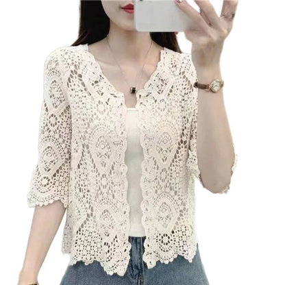 Women’s Knitted Lace Shrug – Boho Hollow Crochet Floral 3/4 Sleeves, Open Front Cropped Cardigan, Elegant Mesh Sweater Cover-Up