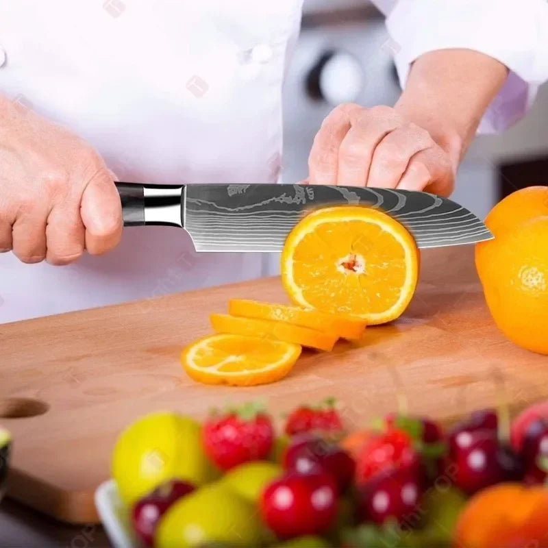 Laser Damascus Kitchen Knife Set – Cleaver, Meat, Fruit, Bread, Boning Knife and Chicken Scissors for Barbecue and Home Cooking